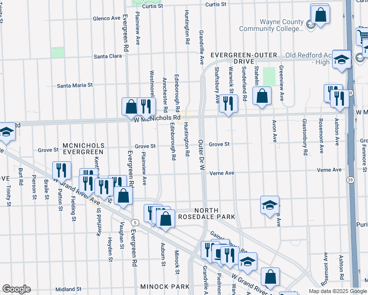 map of restaurants, bars, coffee shops, grocery stores, and more near 16835 Huntington Road in Detroit