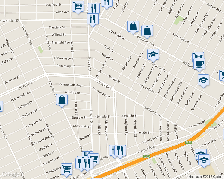 map of restaurants, bars, coffee shops, grocery stores, and more near Outer Dr E & Whitehill St in Detroit