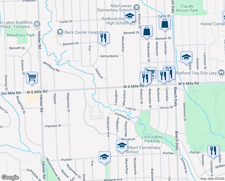 map of restaurants, bars, coffee shops, grocery stores, and more near 26530 West 6 Mile Road in Redford Charter Township