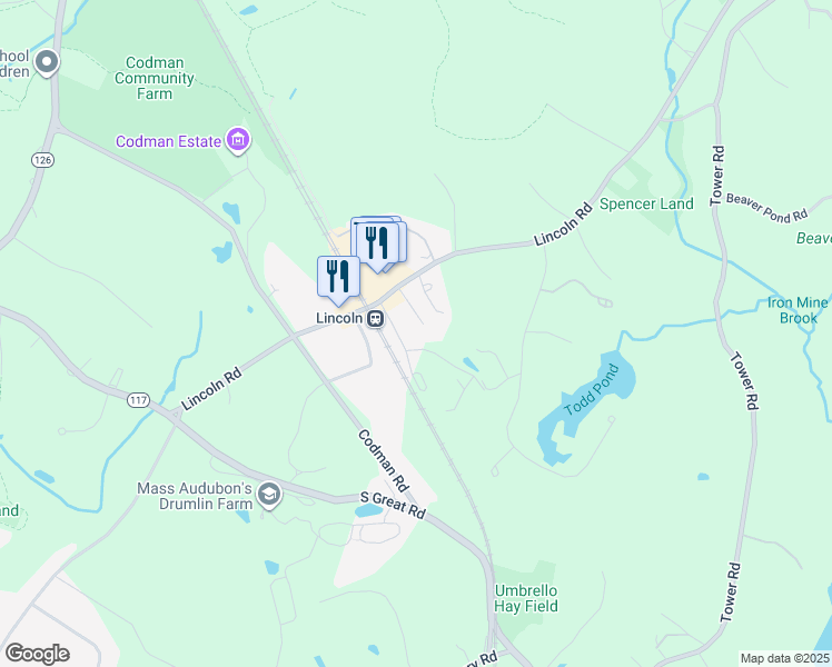 map of restaurants, bars, coffee shops, grocery stores, and more near 2 Greenridge Lane in Lincoln