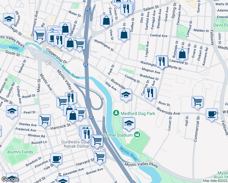map of restaurants, bars, coffee shops, grocery stores, and more near 221 Riverside Avenue in Medford