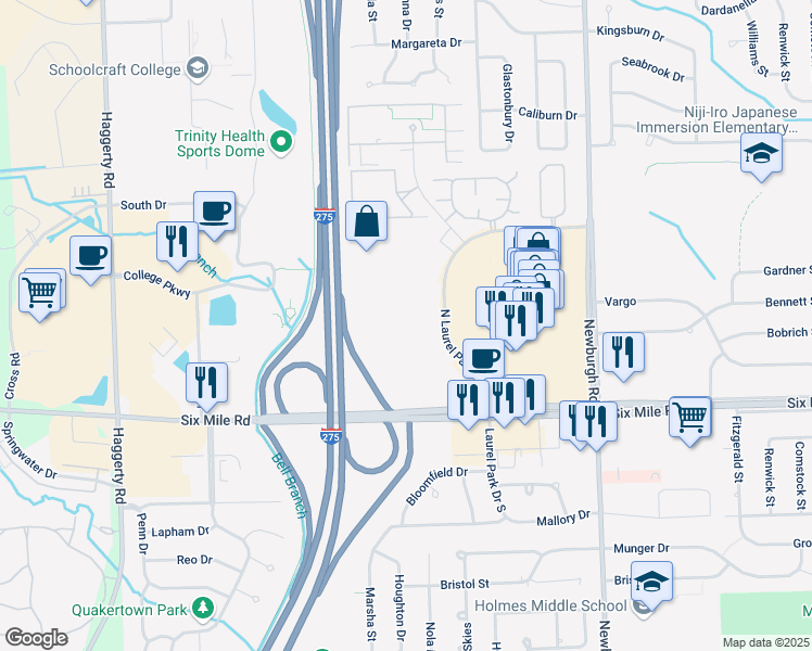 map of restaurants, bars, coffee shops, grocery stores, and more near 17177 North Laurel Park Drive in Livonia