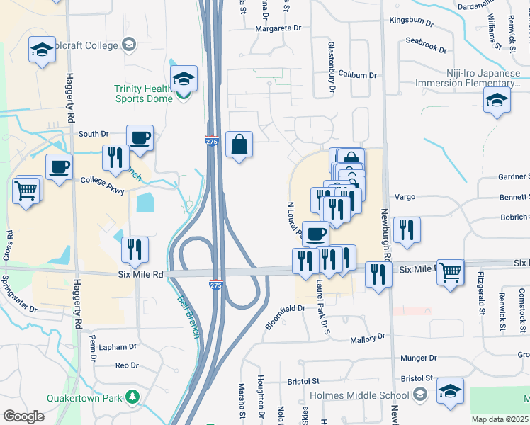 map of restaurants, bars, coffee shops, grocery stores, and more near 17177 North Laurel Park Drive in Livonia