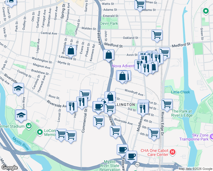 map of restaurants, bars, coffee shops, grocery stores, and more near 109 Sydney Street in Medford