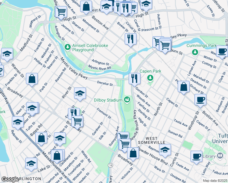 map of restaurants, bars, coffee shops, grocery stores, and more near 16 Arizona Terrace in Arlington