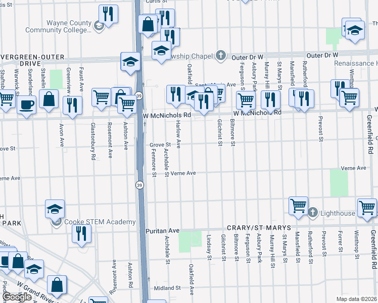 map of restaurants, bars, coffee shops, grocery stores, and more near 16761 Oakfield Avenue in Detroit