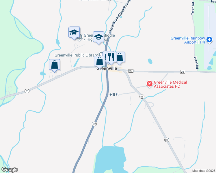 map of restaurants, bars, coffee shops, grocery stores, and more near 11123 New York 32 in Greenville