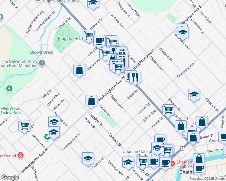 map of restaurants, bars, coffee shops, grocery stores, and more near 70 McNaughton Avenue West in Chatham-Kent