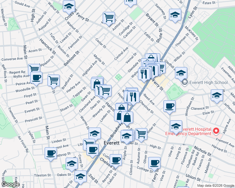map of restaurants, bars, coffee shops, grocery stores, and more near 39 Walnut Street in Everett