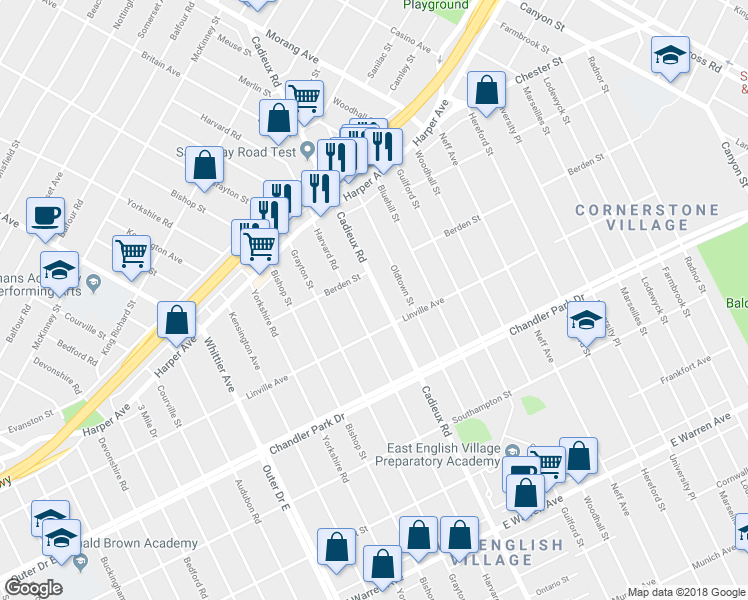 map of restaurants, bars, coffee shops, grocery stores, and more near 5961 Cadieux Road in Detroit