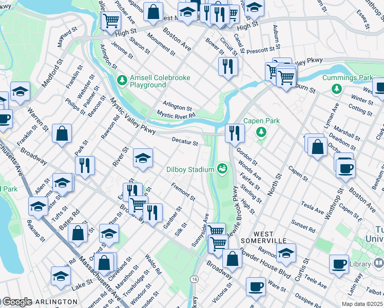 map of restaurants, bars, coffee shops, grocery stores, and more near 186 Gardner Street in Arlington