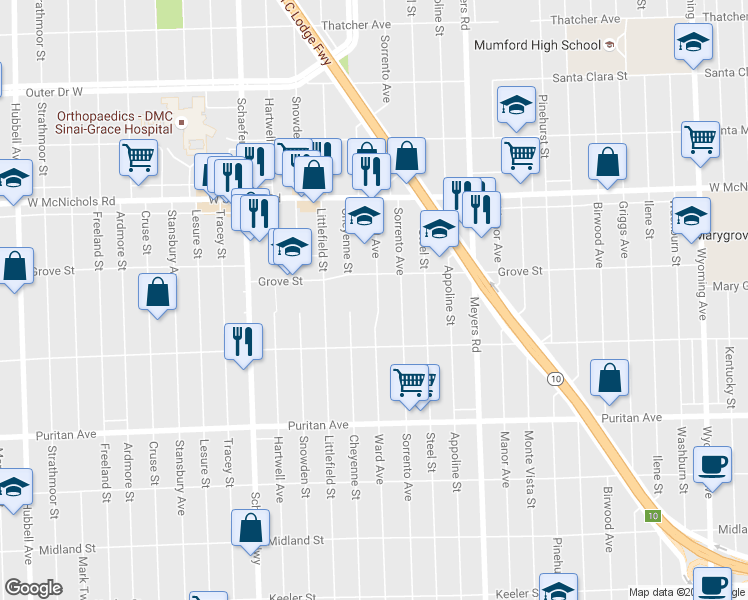 map of restaurants, bars, coffee shops, grocery stores, and more near 16603 Ward Street in Detroit