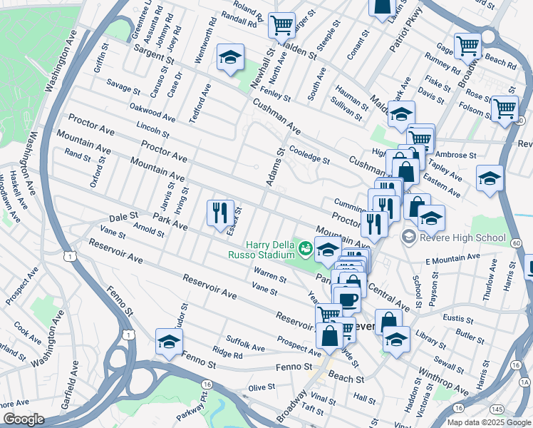map of restaurants, bars, coffee shops, grocery stores, and more near 12 Smith Street in Revere