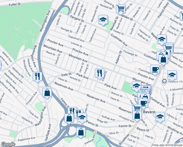 map of restaurants, bars, coffee shops, grocery stores, and more near 43 Hancock Street in Revere