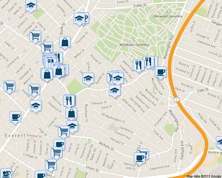 map of restaurants, bars, coffee shops, grocery stores, and more near 151 Jefferson Avenue in Everett