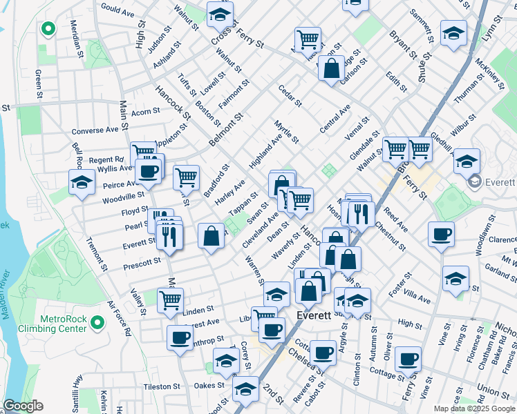 map of restaurants, bars, coffee shops, grocery stores, and more near 129 Hancock Street in Everett