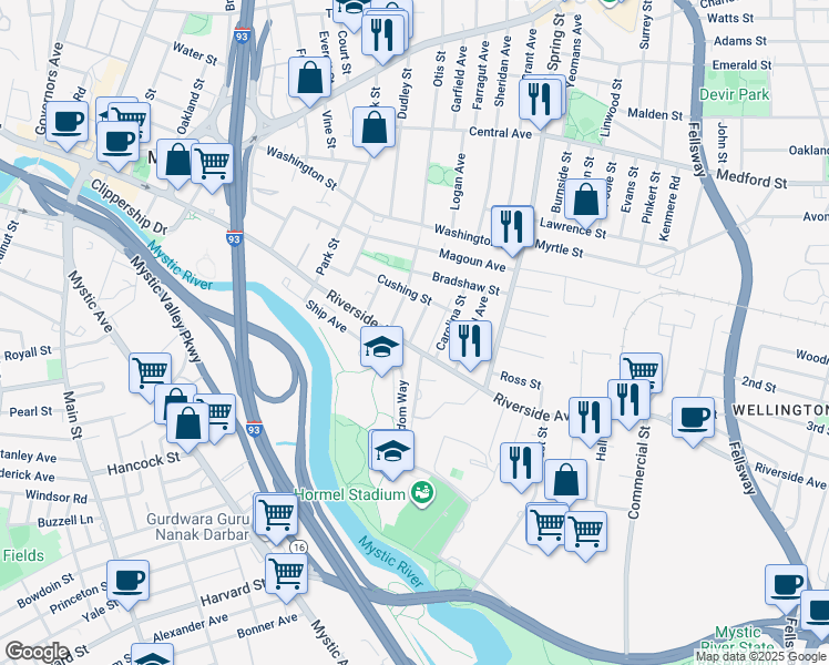 map of restaurants, bars, coffee shops, grocery stores, and more near 24 Lapham Street in Medford