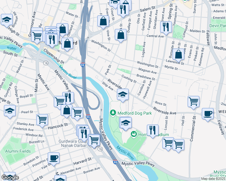 map of restaurants, bars, coffee shops, grocery stores, and more near 221 Riverside Avenue in Medford