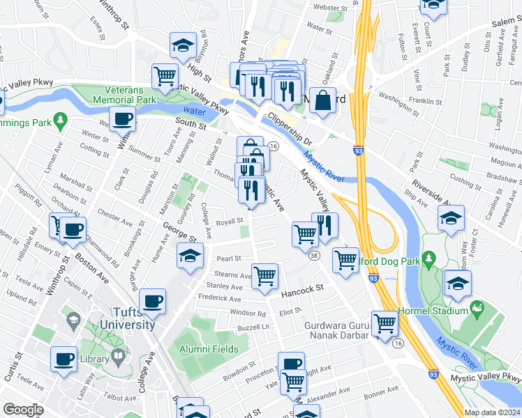 map of restaurants, bars, coffee shops, grocery stores, and more near 160 Main Street in Medford