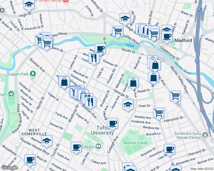 map of restaurants, bars, coffee shops, grocery stores, and more near 16 Corey Street in Medford