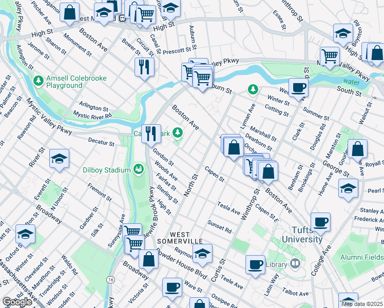 map of restaurants, bars, coffee shops, grocery stores, and more near 24 Pinkham Road in Medford
