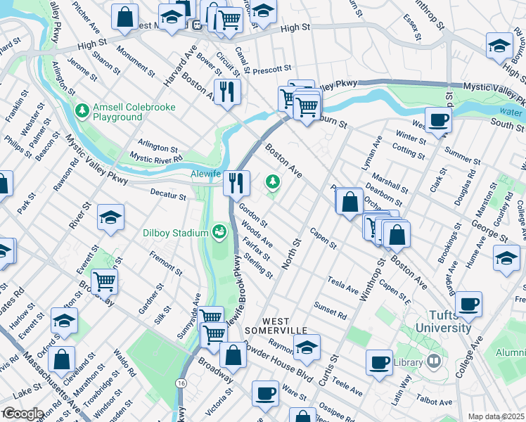 map of restaurants, bars, coffee shops, grocery stores, and more near 405 Alewife Brook Parkway in Somerville