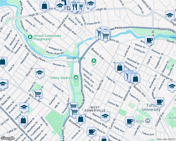 map of restaurants, bars, coffee shops, grocery stores, and more near 405 Alewife Brook Parkway in Somerville