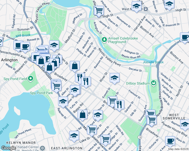 map of restaurants, bars, coffee shops, grocery stores, and more near 40-42 Dartmouth Street in Arlington