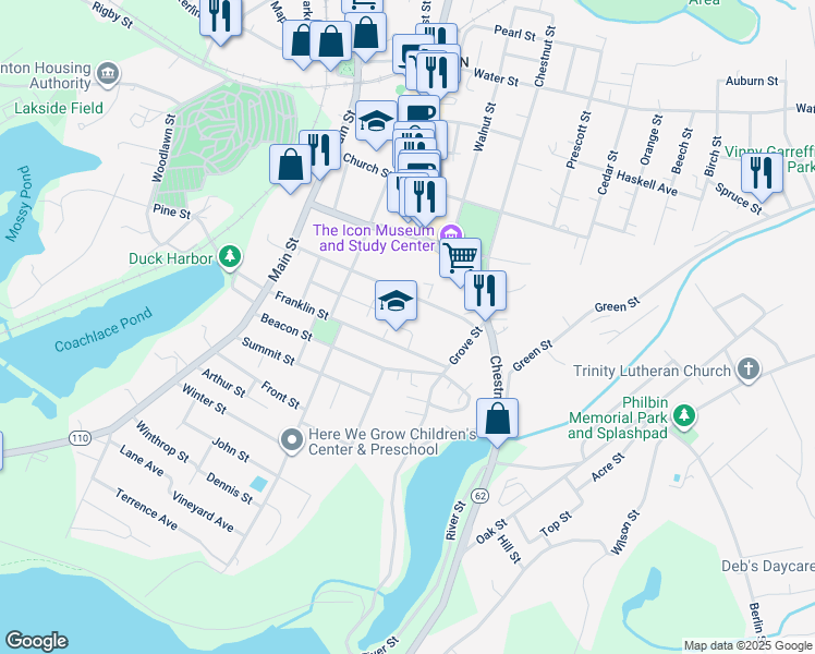 map of restaurants, bars, coffee shops, grocery stores, and more near 139 Pleasant Street in Clinton