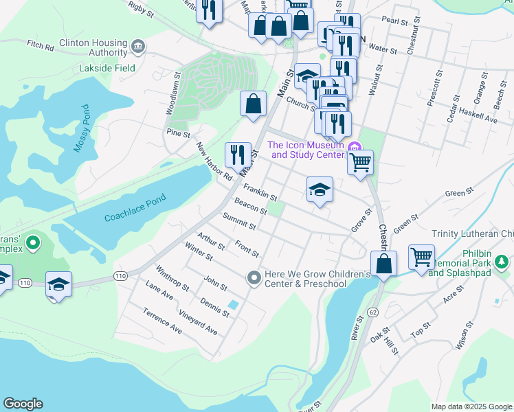 map of restaurants, bars, coffee shops, grocery stores, and more near 37 Franklin Street in Clinton