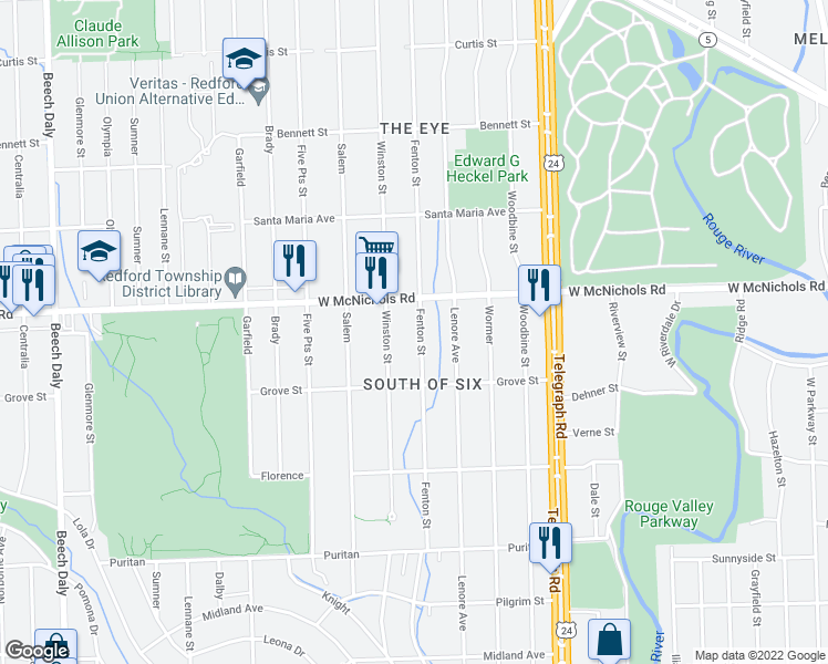 map of restaurants, bars, coffee shops, grocery stores, and more near 16909 Fenton in Detroit