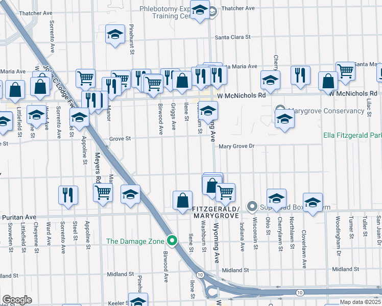 map of restaurants, bars, coffee shops, grocery stores, and more near 16590 Ilene Street in Detroit