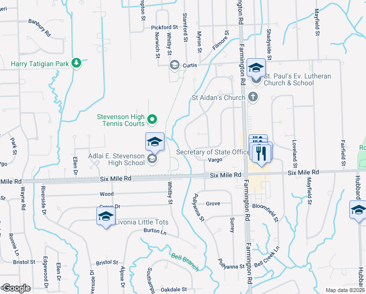 map of restaurants, bars, coffee shops, grocery stores, and more near 17387 Francavilla Drive in Livonia