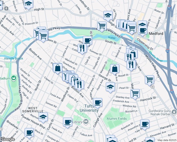 map of restaurants, bars, coffee shops, grocery stores, and more near 16 Corey Street in Medford