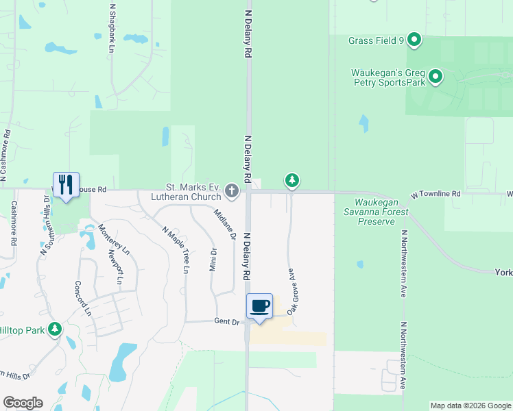 map of restaurants, bars, coffee shops, grocery stores, and more near 4045 West Yorkhouse Road in Waukegan