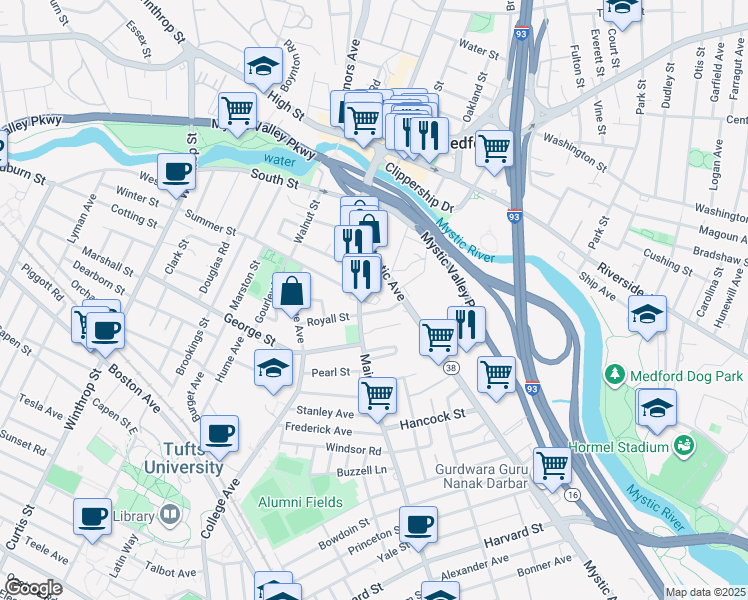 map of restaurants, bars, coffee shops, grocery stores, and more near 4 Golden Court in Medford