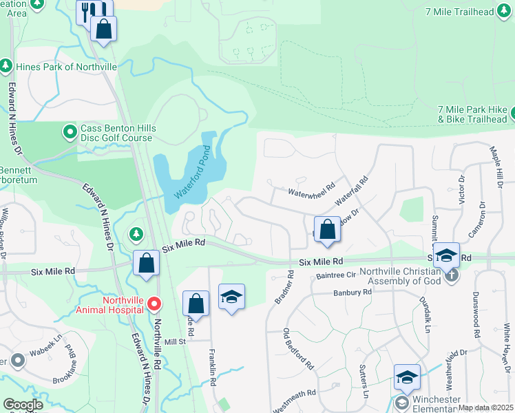 map of restaurants, bars, coffee shops, grocery stores, and more near 42464 Waterfall Road in Northville