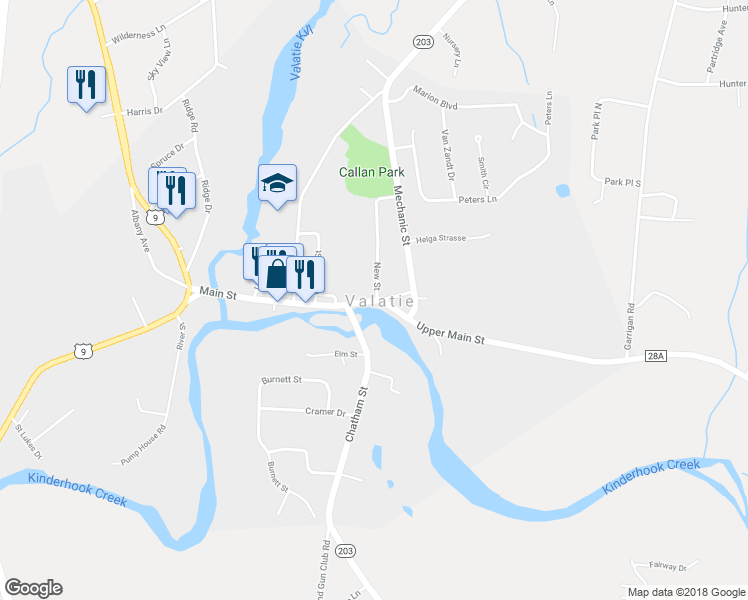 map of restaurants, bars, coffee shops, grocery stores, and more near 3087 Main Street in Valatie