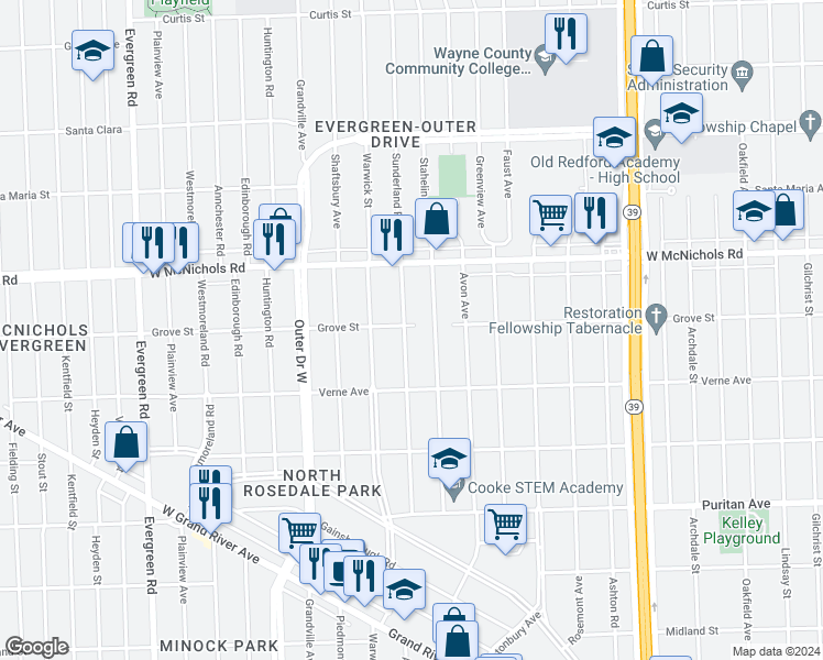 map of restaurants, bars, coffee shops, grocery stores, and more near 16780 Sunderland Road in Detroit