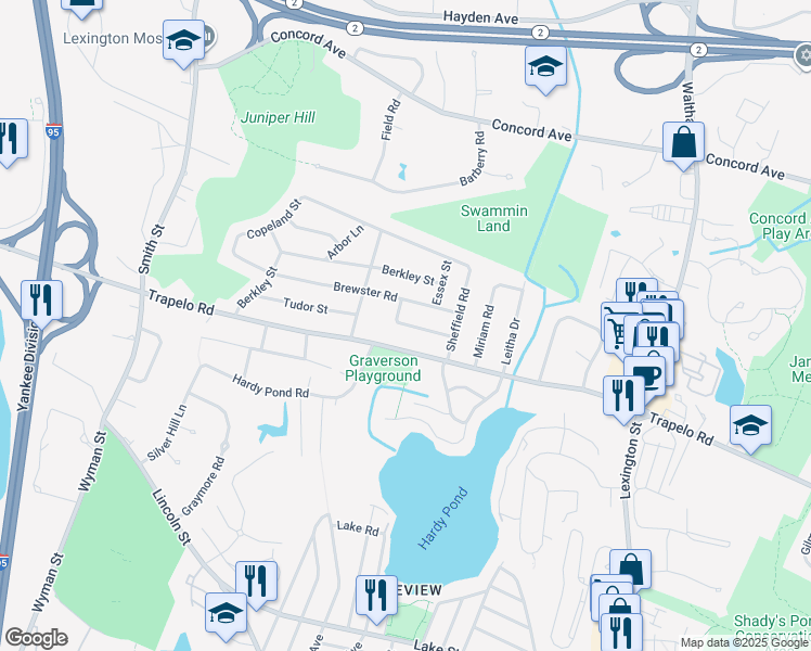 map of restaurants, bars, coffee shops, grocery stores, and more near 56 Whittier Avenue in Waltham