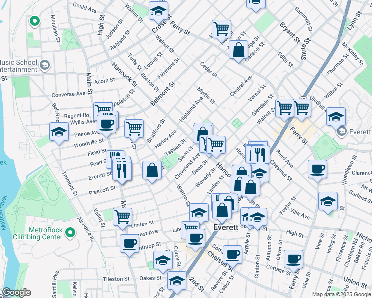 map of restaurants, bars, coffee shops, grocery stores, and more near 129 Hancock Street in Everett