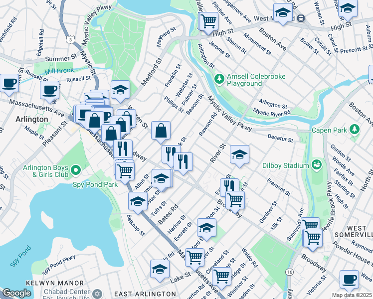 map of restaurants, bars, coffee shops, grocery stores, and more near 23 Park Street in Arlington