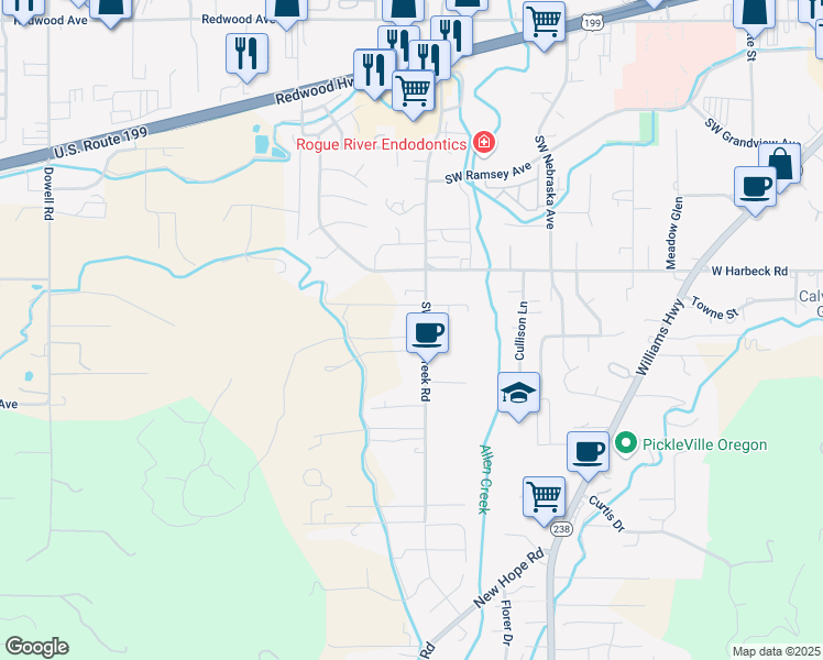 map of restaurants, bars, coffee shops, grocery stores, and more near 2118 Southwest Allen Creek Road in Grants Pass