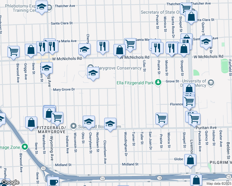 map of restaurants, bars, coffee shops, grocery stores, and more near 16626 Greenlawn Street in Detroit