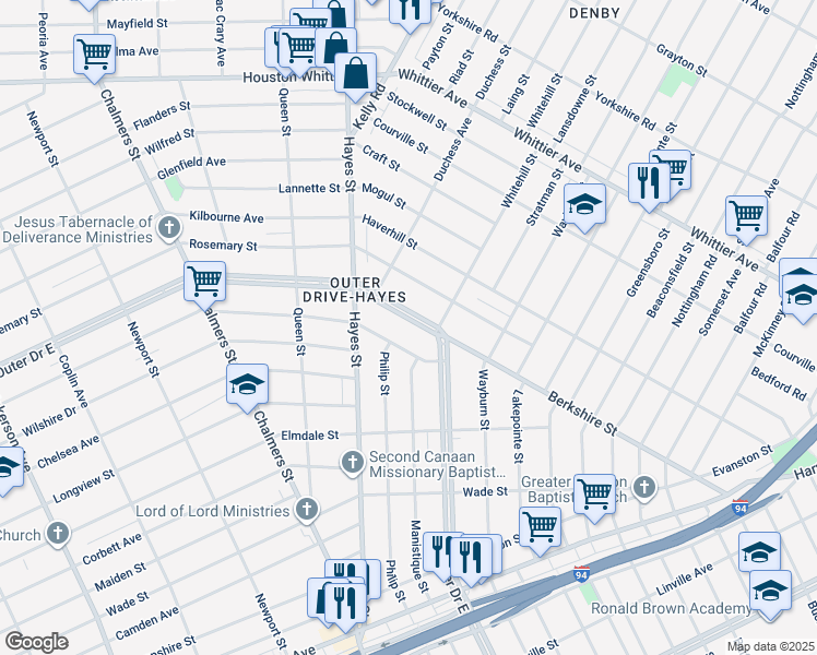 map of restaurants, bars, coffee shops, grocery stores, and more near 9964 Outer Drive East in Detroit