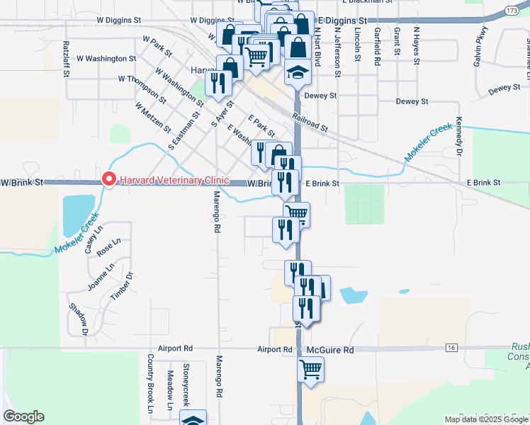 map of restaurants, bars, coffee shops, grocery stores, and more near 207 South Park Avenue in Harvard