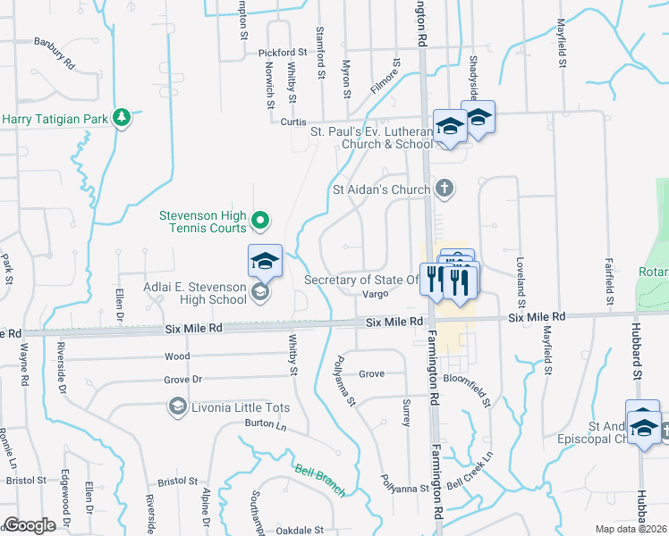 map of restaurants, bars, coffee shops, grocery stores, and more near 17334 Francavilla Drive in Livonia