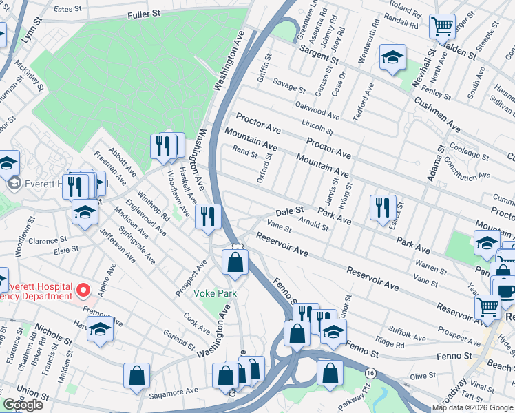 map of restaurants, bars, coffee shops, grocery stores, and more near 128 Arnold Street in Revere
