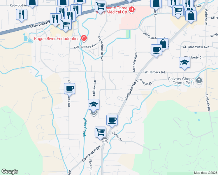 map of restaurants, bars, coffee shops, grocery stores, and more near 2063 Southwest Nebraska Avenue in Grants Pass