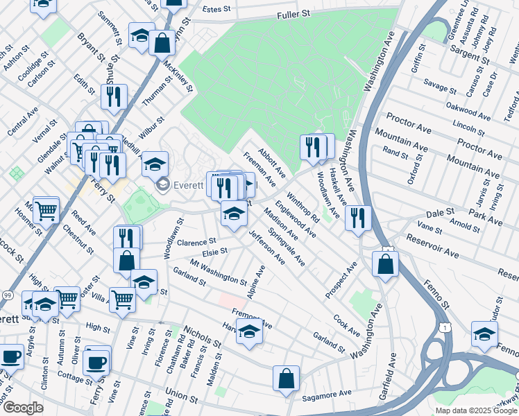 map of restaurants, bars, coffee shops, grocery stores, and more near in Everett
